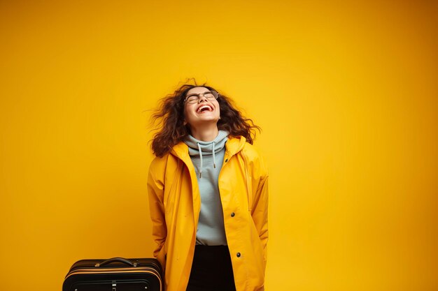 Young cheerful female traveler dressed in yellow on a yellow background