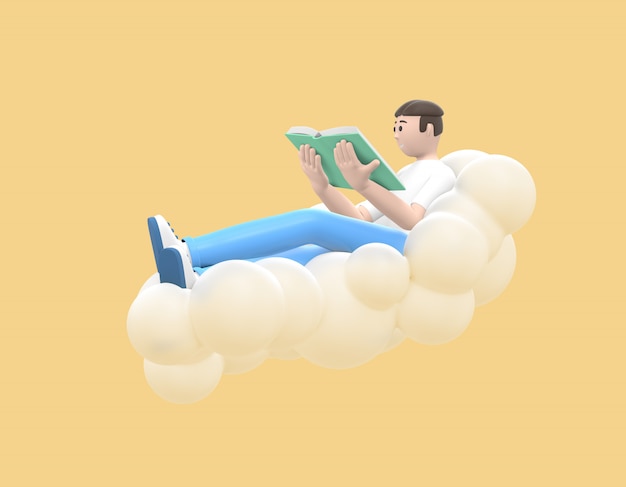 Young cheerful guy in the sky on a cloud is reading a book