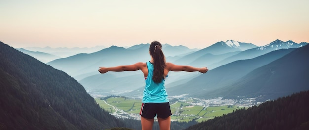 Young cheerful healthy athletic girl looks into the distance at dawn spread her arms to the sides