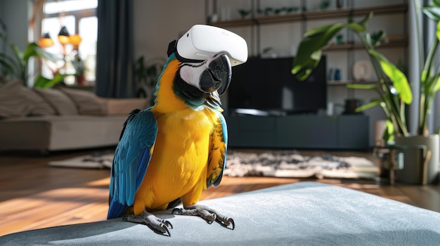 A young cheerful parrot sits in a modern room wearing a white VR virtual reality headset daylight