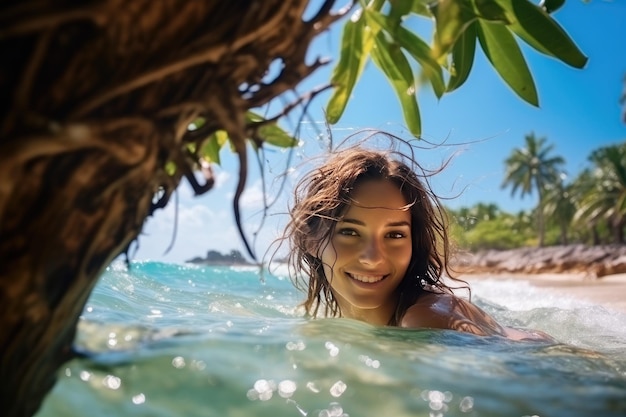 Young cheerful woman bathing in warm tropical sea