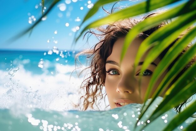 Foto giovane donna allegra che fa il bagno nel caldo mare tropicale