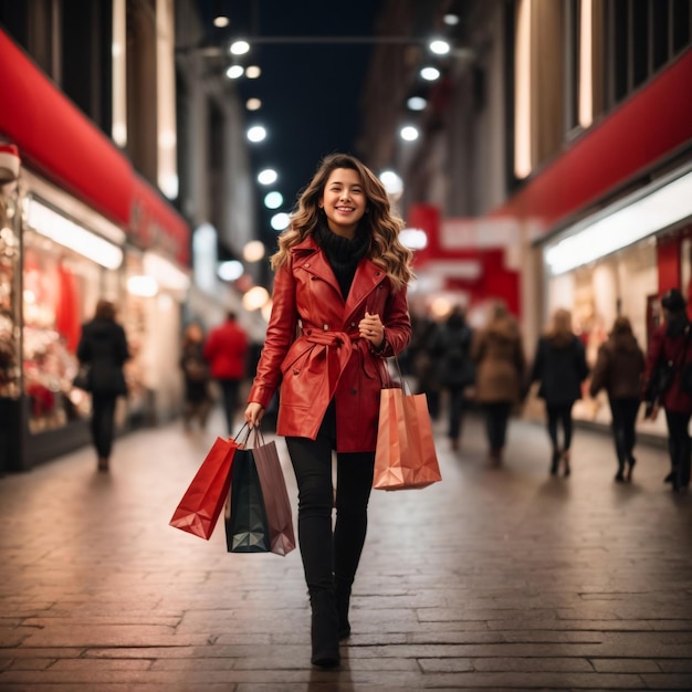 Young and cheerful woman enjoying a day of shopping and Black Friday with several bags on the street
