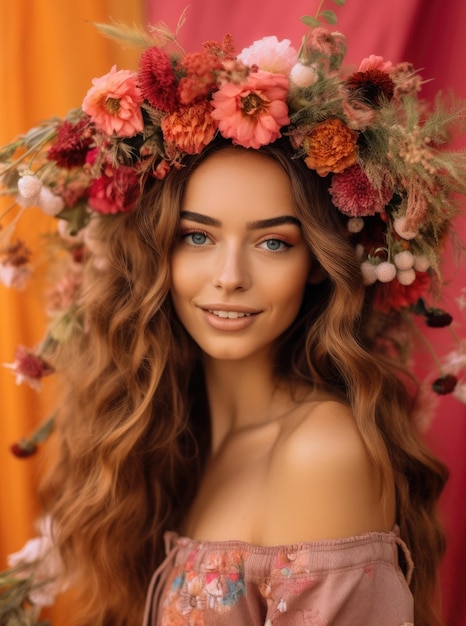 Young cheerful woman with a wreath of wildflowers on her head with color of the year 2023