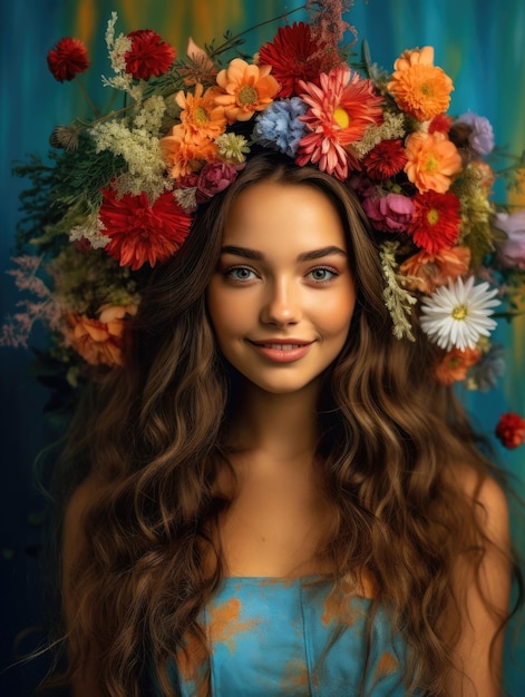 Young cheerful woman with a wreath of wildflowers on her head with color of the year 2023