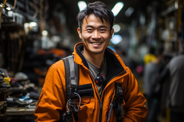 Young cheerful worker of large contemporary machinebuilding factory looking at you inside workshop