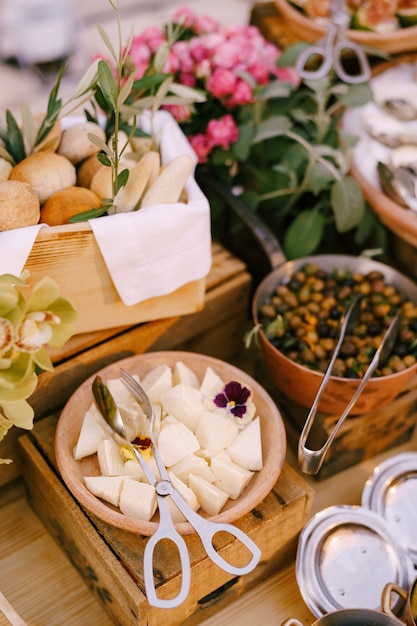 Young cheese with bread rolls and stuffed olives on a table with flower pots