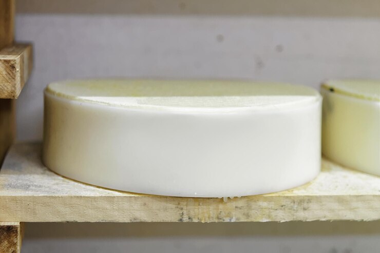 Photo 프랑스 franche comte 낙농장의 숙성 저장고에 있는 나무 선반에 있는 어린 치즈