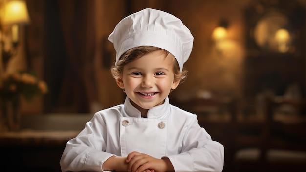 Молодой шеф-повар в действии Счастливый маленький мальчик в шеф-повара токе и куртке