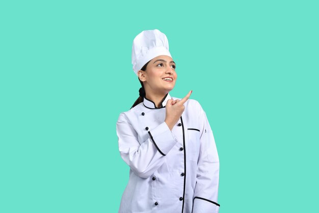 young chef girl white outfit front pose indian pakistani model