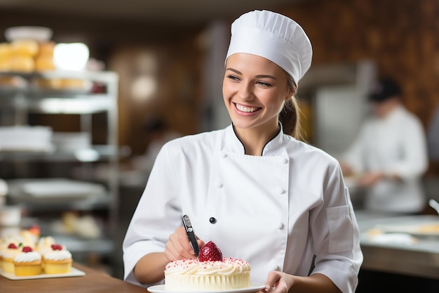 young chef pastry woman preparing pastries in the kitchen smiling and preparing a cake