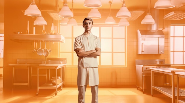 Photo a young chef posing in a kitchen