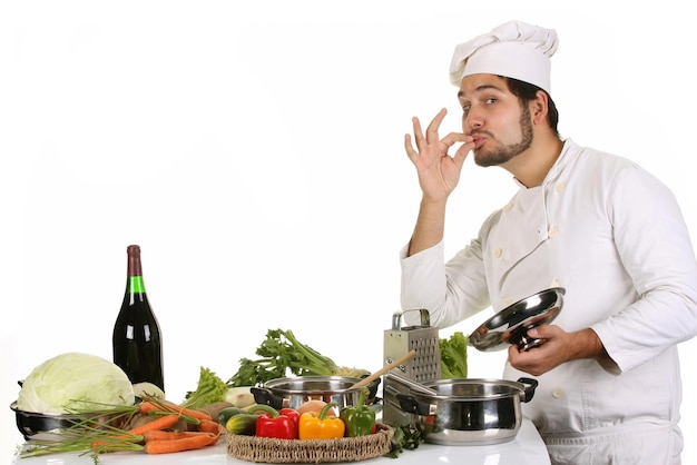 Photo young chef preparing lunch