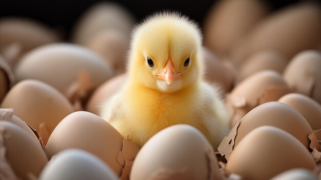 Photo young chick standing amongst eggs