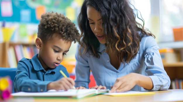 写真 幼い子供と大人がノートに書くことに集中した