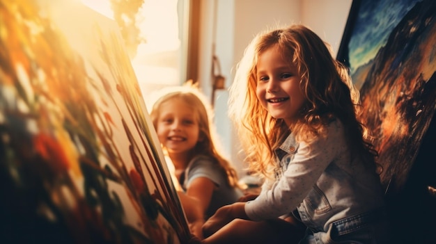 コミュニティのアートクラスで育つ幼児アーティストが笑顔で絵を描き、お互いの創造性を励まし合う