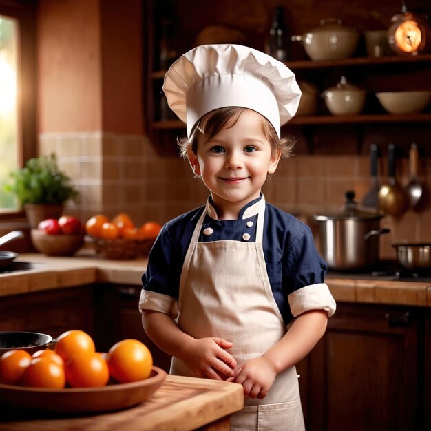 Young child chef preparing and cooking food in kitchen