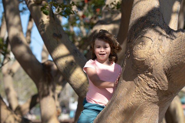 Young child climbing tree happy child playing in the garden climbing on the tree