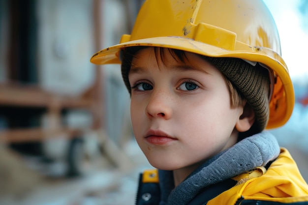 Young child in construction helmet