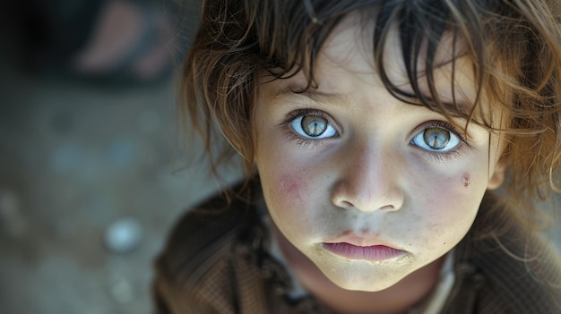 Photo a young child dirty and disheveled but with a fierce determination in their eyes as they stare into