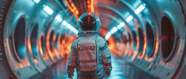 A young child dressed as an astronaut stands in a spacecraft corridor