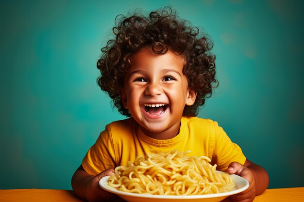 斜面の背景に隔離されたイタリアのレストランでパスタディナーを楽しんでいる幼い子供