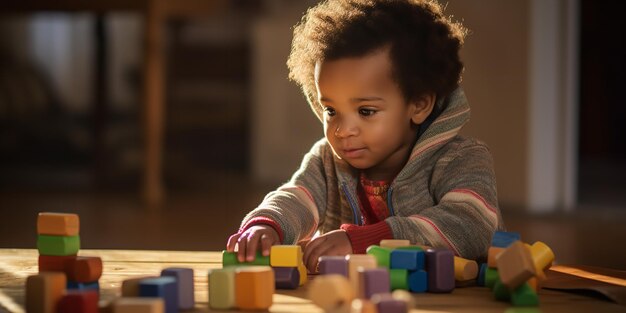 Photo a young child enjoying some vibrant wooden block toys generative ai