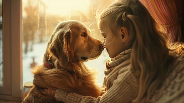 Молодая девочка остается дома со своим животным, собакой, лучшим другом, домашним животным.