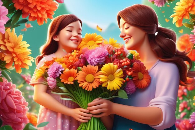 Фото Маленькая девочка дает цветы своей маме в день матери в качестве подарка семейная любовь