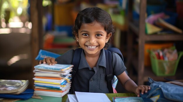 A young child holding a book and smiling surrounded by school supplies like pencils and notebooks