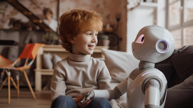 Photo young child interacting with a friendly robot companion indoors future of technology in daily life connectivity and innovation at home ai