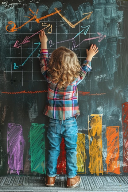 Foto un bambino sta disegnando su una lavagna con un grafico che ha una freccia verso il basso il bambino indossa una camicia a quadri e jeans blu