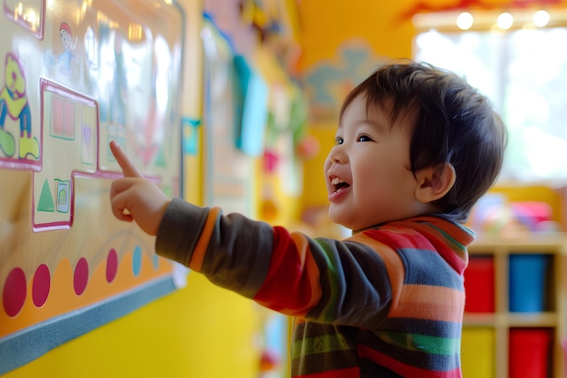 A young child is playing with a magnetic board in a playroom with toys and a play set on the wall