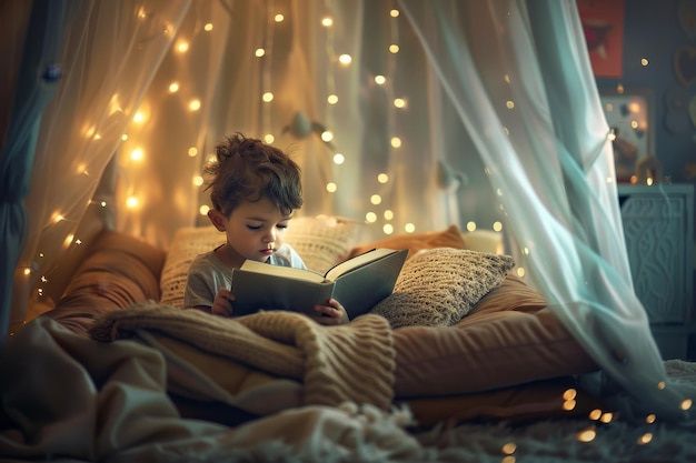 Photo a young child is reading a book in bed