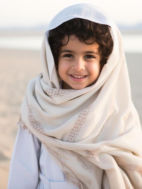 Photo a young child is smiling at the camera and wearing a white scarf
