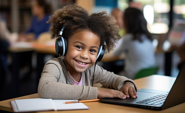 幼い子供がコンピューターで笑顔で書いています