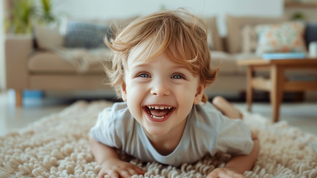 Photo a young child is smiling and laughing while laying on a rug