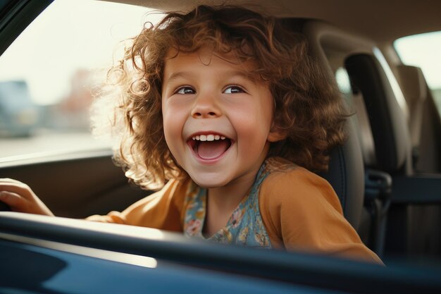 窓が開いた車の中で笑っている幼い子供