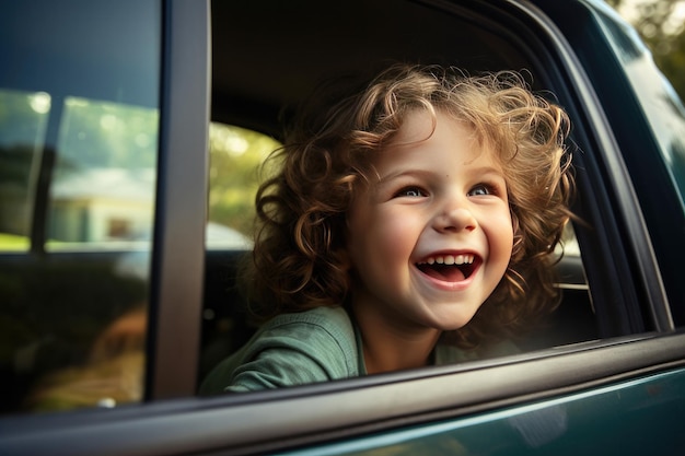 Маленький ребенок смеется в машине с открытым окном