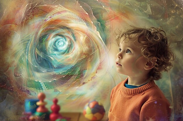 Photo young child looking at colorful swirl