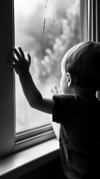 Photo a young child looking out a window