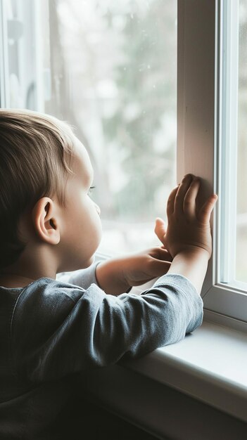 Photo a young child looking out a window