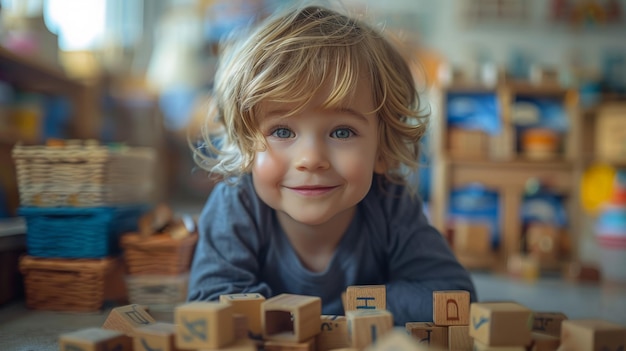 木製 の ブロック で 遊ぶ 幼い 子供