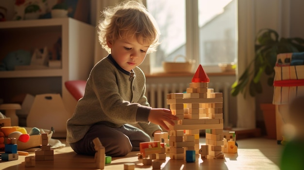 Фото Маленький ребенок играет с деревянными игрушками дома