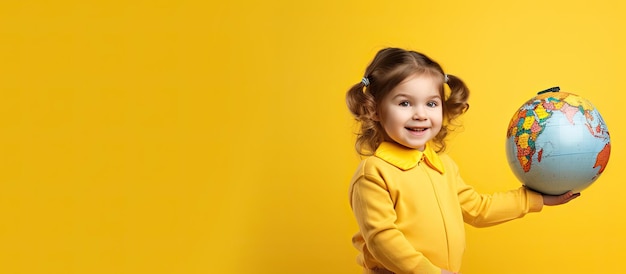 Фото Маленький ребенок указывает на комнату с желтым фоном глобуса для текста