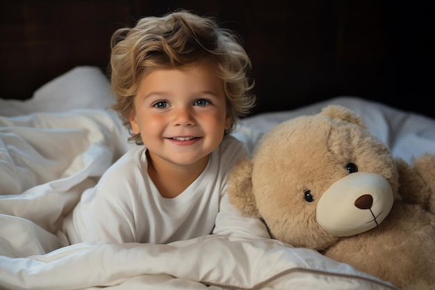 A young child in pristine pajamas enjoying morning play on the bed with a teddy bear