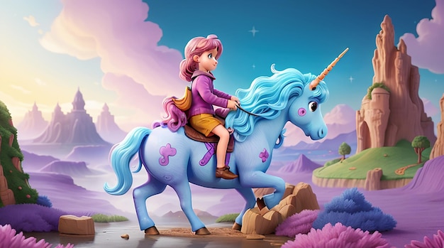 A young child riding a friendly unicorn through a fantastical landscape