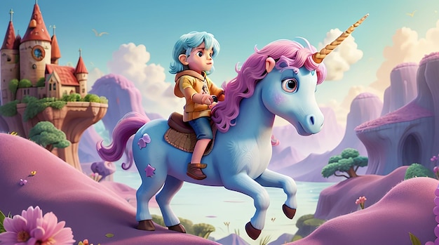 A young child riding a friendly unicorn through a fantastical landscape