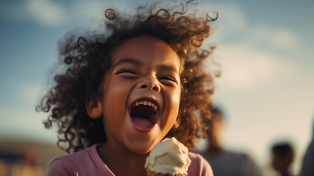 a young child's delighted face as they take their first bite of an ice cream cone
