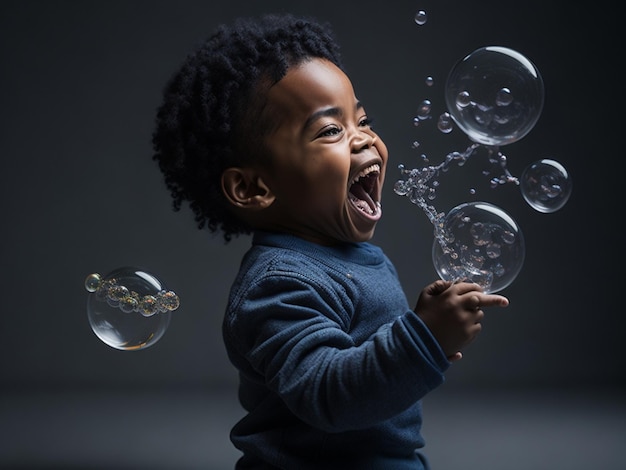 A young child's expression of pure joy while playing with bubbles